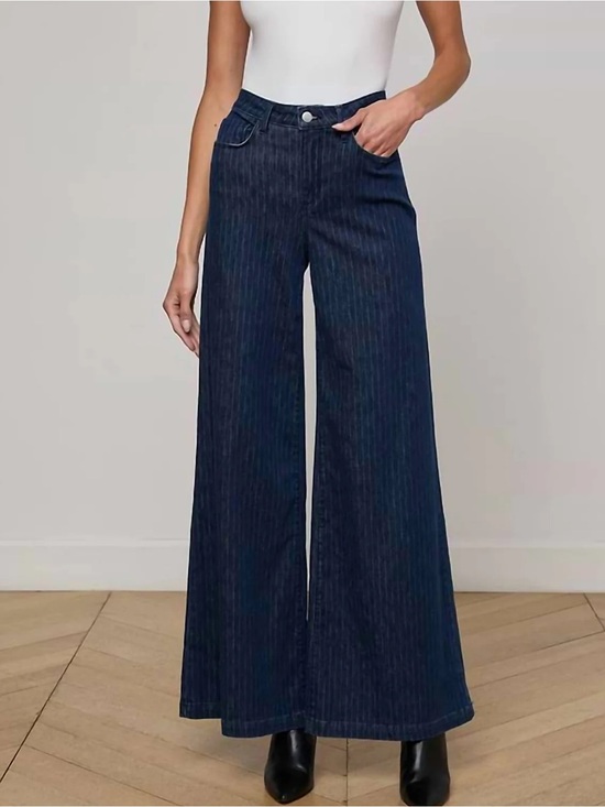L'AGENCE Denim - L'AGENCE Quincy Pinstriped Navy Wide-Leg Trouser Jean Denim Dark Wash Pants 23